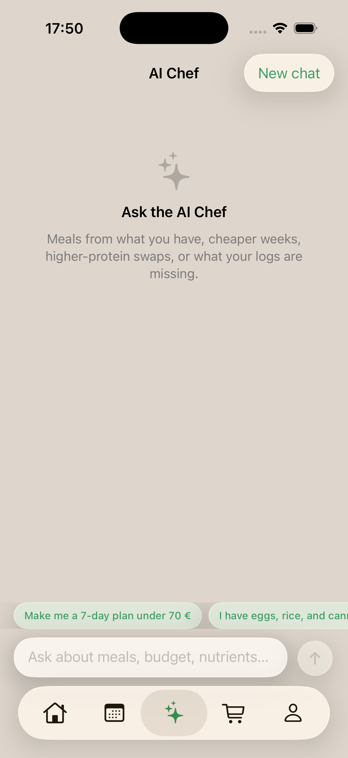 AI Chef chat with suggestions for meals, cheaper weeks and protein swaps