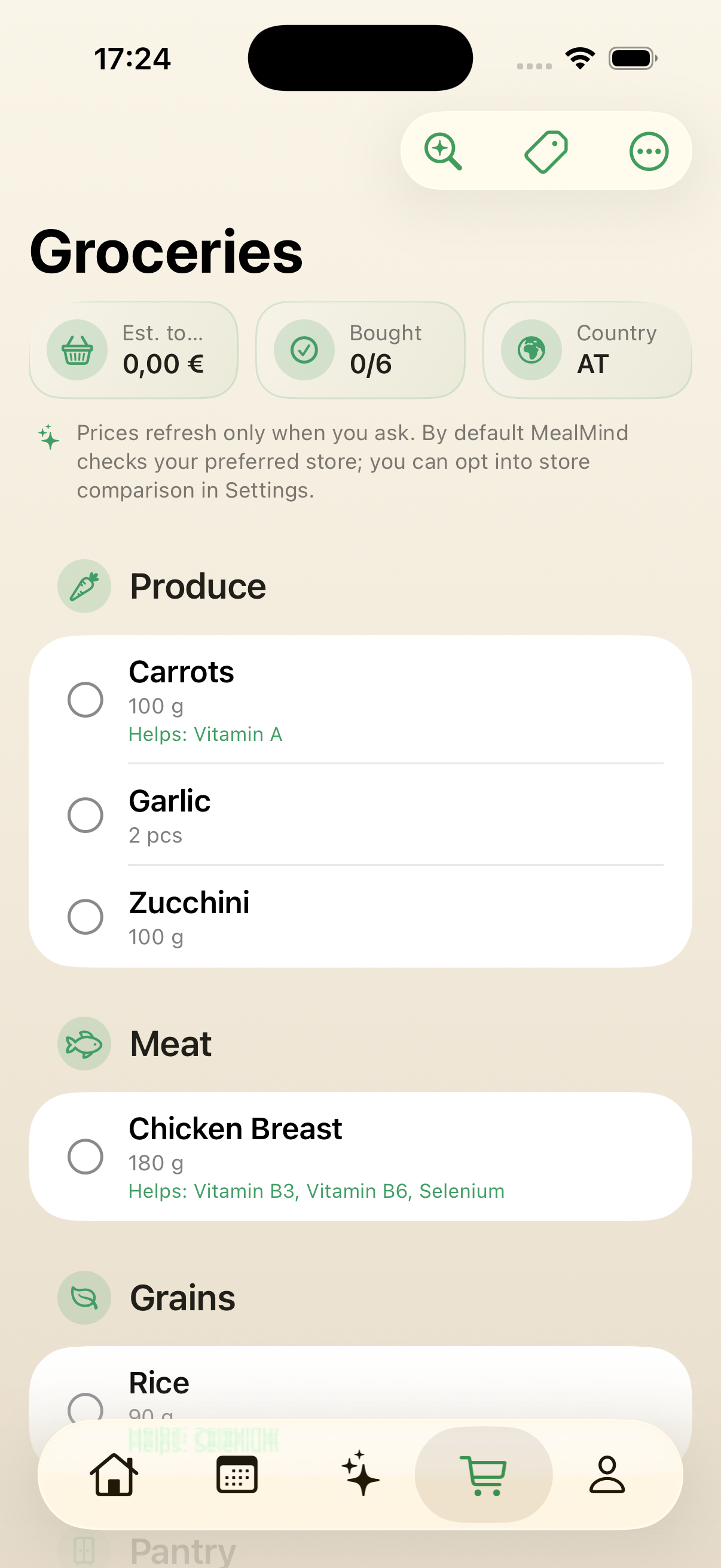 Shopping list grouped into Produce, Meat and Grains