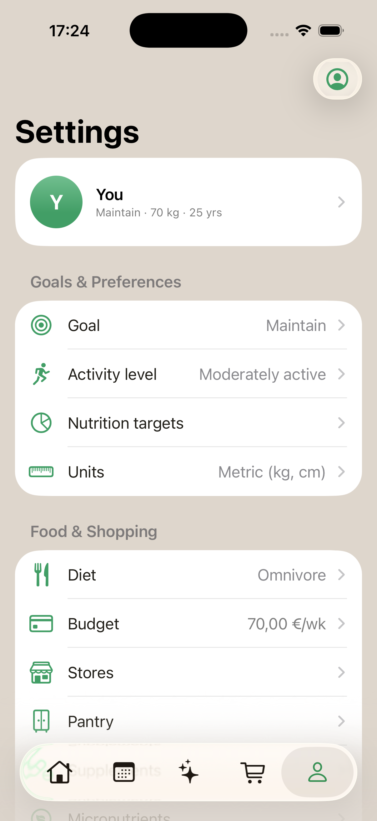 Settings with goal, activity, diet and weekly budget